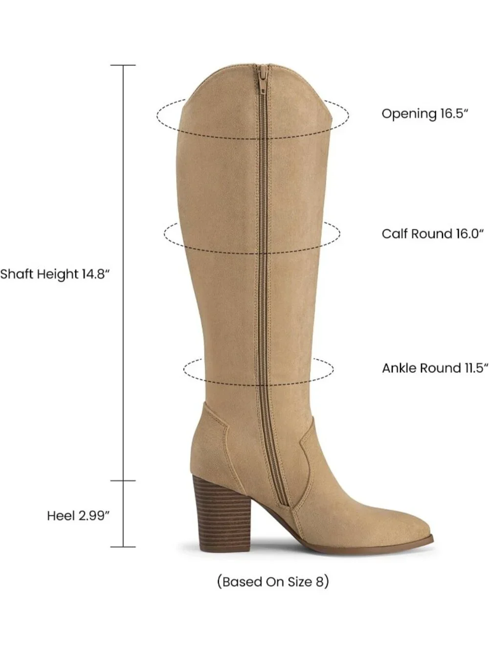 Women's Camel Suede Chunky Heel Suede Pointed Toe Side Zipper Knee High Boots